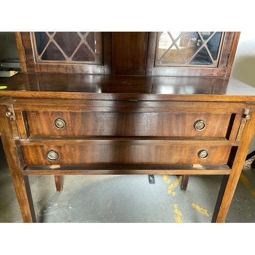 510 - VINTAGE MAHOGANY 2 DRAWER DESK WITH GLAZED DOORS TO TOP H48