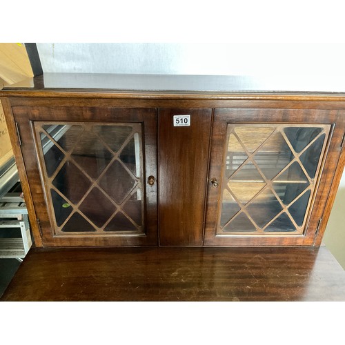 510 - VINTAGE MAHOGANY 2 DRAWER DESK WITH GLAZED DOORS TO TOP H48