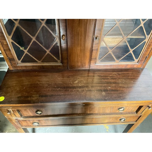 510 - VINTAGE MAHOGANY 2 DRAWER DESK WITH GLAZED DOORS TO TOP H48