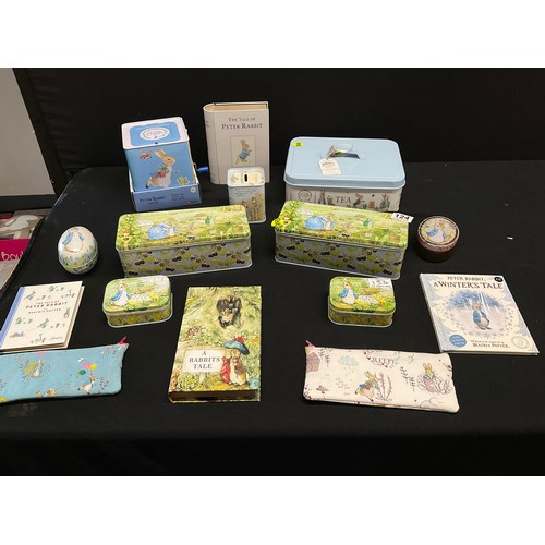 124 - LARGE COLLECTION OF BEATRIX POTTER PETER RABBIT TINS TO INCLUDE JACK IN THE BOX ETC