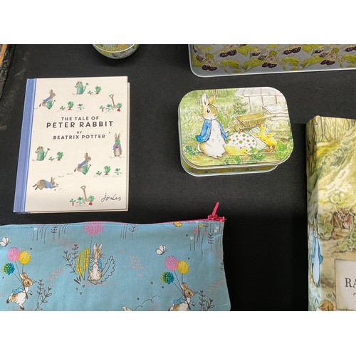 124 - LARGE COLLECTION OF BEATRIX POTTER PETER RABBIT TINS TO INCLUDE JACK IN THE BOX ETC