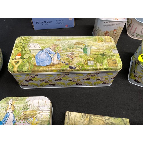 124 - LARGE COLLECTION OF BEATRIX POTTER PETER RABBIT TINS TO INCLUDE JACK IN THE BOX ETC