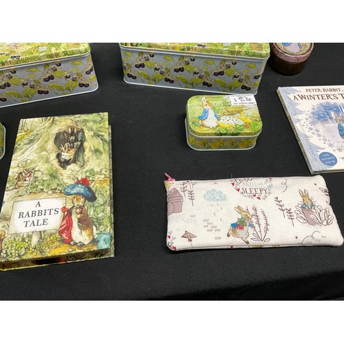 124 - LARGE COLLECTION OF BEATRIX POTTER PETER RABBIT TINS TO INCLUDE JACK IN THE BOX ETC