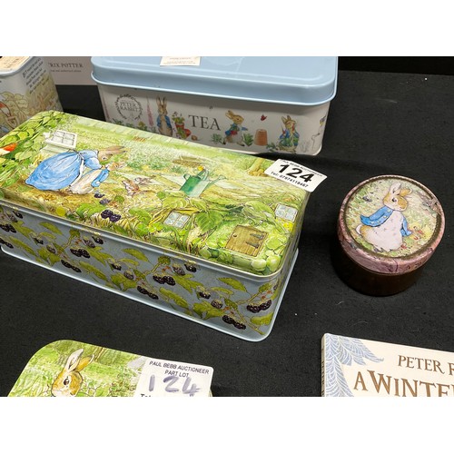 124 - LARGE COLLECTION OF BEATRIX POTTER PETER RABBIT TINS TO INCLUDE JACK IN THE BOX ETC
