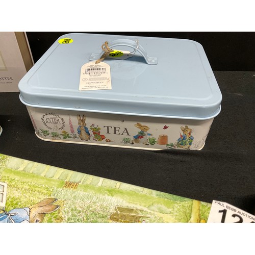 124 - LARGE COLLECTION OF BEATRIX POTTER PETER RABBIT TINS TO INCLUDE JACK IN THE BOX ETC