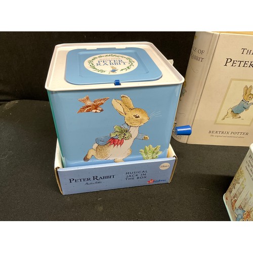 124 - LARGE COLLECTION OF BEATRIX POTTER PETER RABBIT TINS TO INCLUDE JACK IN THE BOX ETC