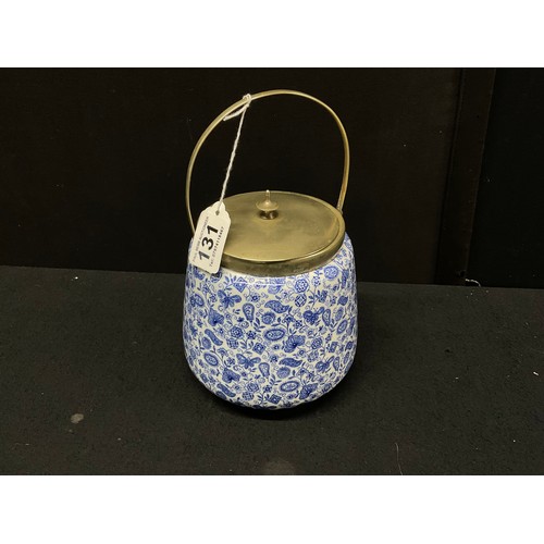131 - VINTAGE CHINTZ BLUE AND WHITE BISCUIT BARRELL
