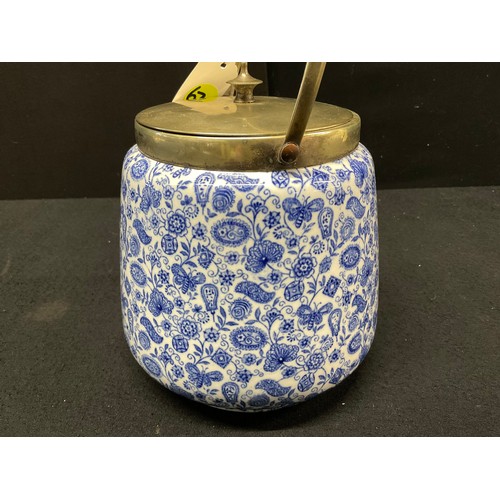 131 - VINTAGE CHINTZ BLUE AND WHITE BISCUIT BARRELL