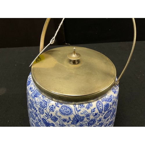 131 - VINTAGE CHINTZ BLUE AND WHITE BISCUIT BARRELL