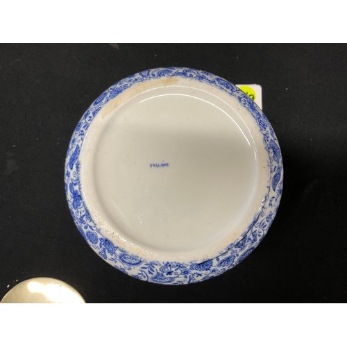 131 - VINTAGE CHINTZ BLUE AND WHITE BISCUIT BARRELL