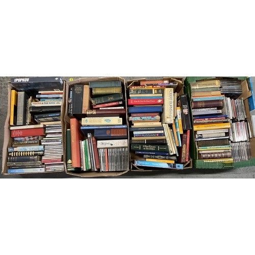 4 BOXES OF HARDBACK AND PAPERBACK BOOKS, CD'S ETC