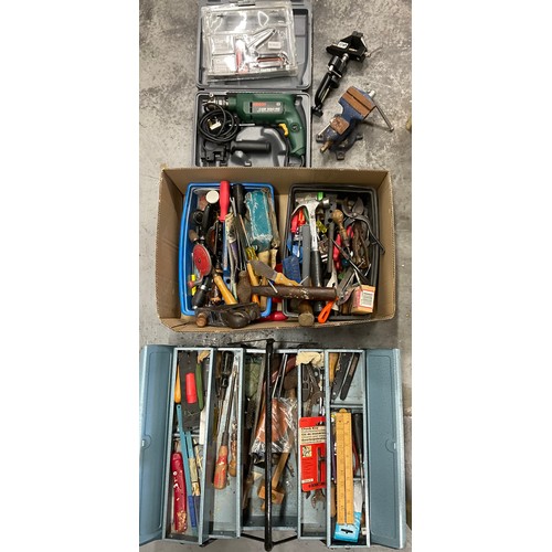 METAL TOOL BOX AND BOX OF ASSORTED WORKSHOP TOOLS TO INCLUDE BOSH ...