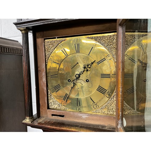 BRASS FACED EIGHT DAY GRANDFATHER CLOCK IN OAK CASE WITH MAHOGANY CROSS ...