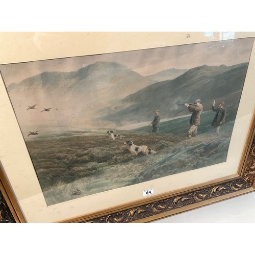 64 - GILT FRAMED VINTAGE HUNTING SCENE PICTURE ENTITLED ON THE MOORS DOGGING 36