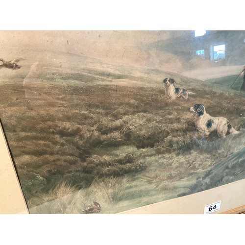 64 - GILT FRAMED VINTAGE HUNTING SCENE PICTURE ENTITLED ON THE MOORS DOGGING 36