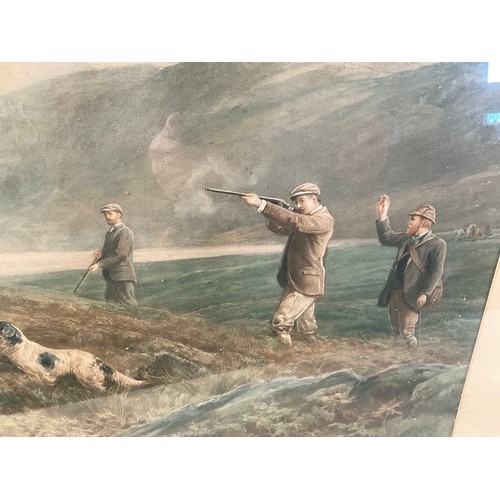 64 - GILT FRAMED VINTAGE HUNTING SCENE PICTURE ENTITLED ON THE MOORS DOGGING 36