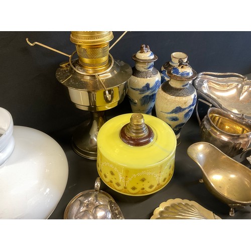 66 - BOX OF COLECTABLES - BRASS LAMP ORIENTAL VASES ETC