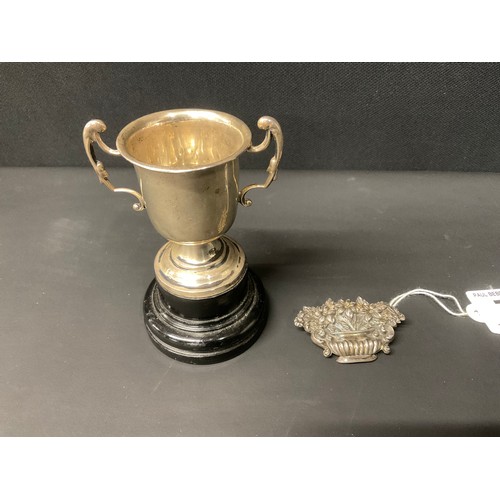 77 - SMALL HALLMARKED SILVER TROPHY AND BROOCH TOTAL SILVER WIEGHT 36G