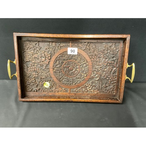 90 - VINTAGE CARVED OAK TRAY WITH ORIGINAL BRASS HANDLES 17