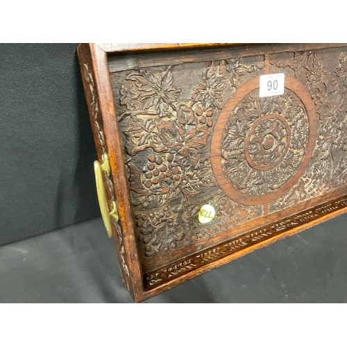 90 - VINTAGE CARVED OAK TRAY WITH ORIGINAL BRASS HANDLES 17