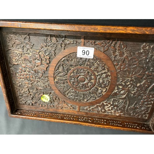 90 - VINTAGE CARVED OAK TRAY WITH ORIGINAL BRASS HANDLES 17