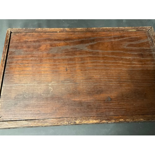 90 - VINTAGE CARVED OAK TRAY WITH ORIGINAL BRASS HANDLES 17