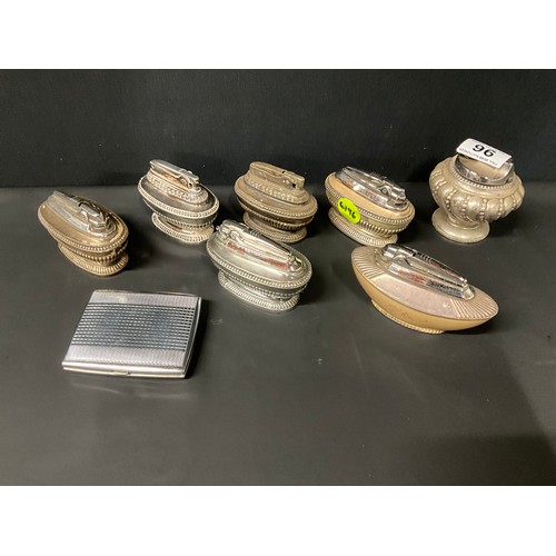 96 - SEVEN VINTAGE SILVER PLATED TABLE LIGHTERS AND SILVER PLATED CIGARETTE CASE TO INCLUDE RONSON ETC