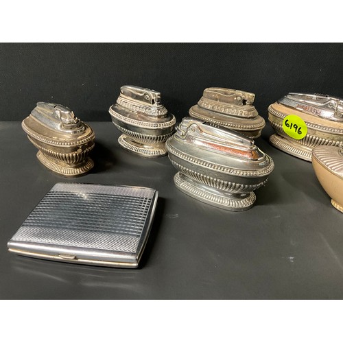 96 - SEVEN VINTAGE SILVER PLATED TABLE LIGHTERS AND SILVER PLATED CIGARETTE CASE TO INCLUDE RONSON ETC
