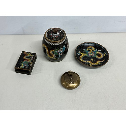 107 - COLLECTION OF VINTAGE CLOISONNE WARE TO INCLUDE MATCHBOX HOLDER, ASHTRAY AND TOBACCO JAR AND BRASS A... 