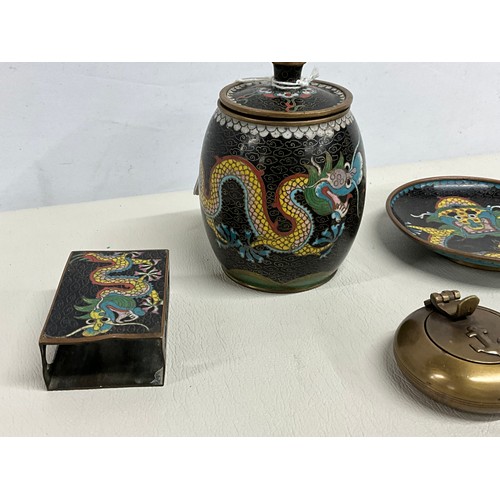 107 - COLLECTION OF VINTAGE CLOISONNE WARE TO INCLUDE MATCHBOX HOLDER, ASHTRAY AND TOBACCO JAR AND BRASS A... 