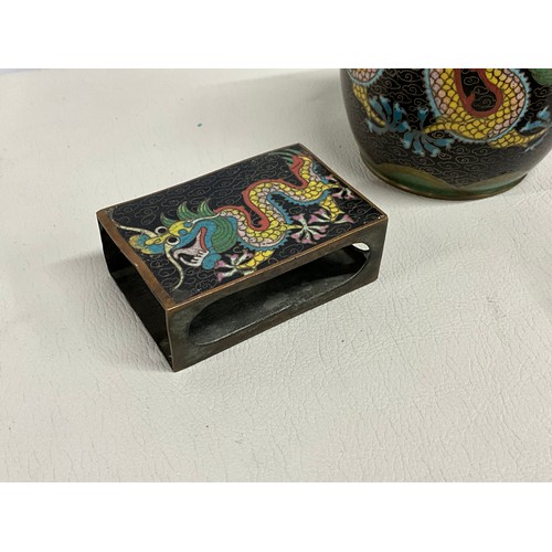 107 - COLLECTION OF VINTAGE CLOISONNE WARE TO INCLUDE MATCHBOX HOLDER, ASHTRAY AND TOBACCO JAR AND BRASS A... 