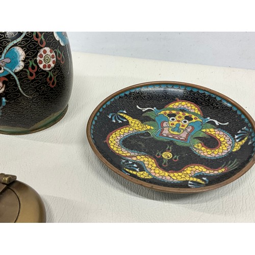 107 - COLLECTION OF VINTAGE CLOISONNE WARE TO INCLUDE MATCHBOX HOLDER, ASHTRAY AND TOBACCO JAR AND BRASS A... 