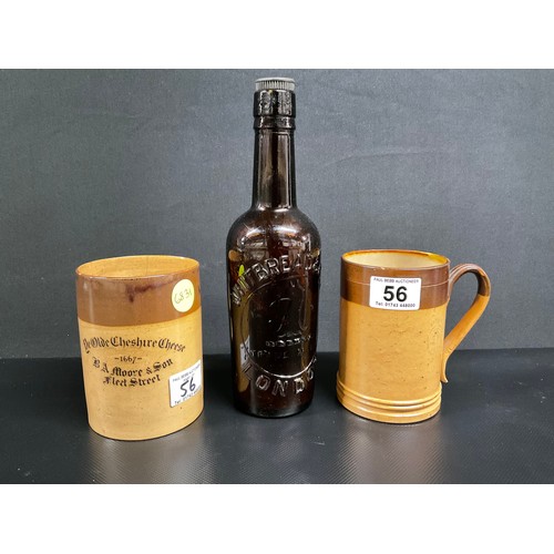 2 LAMBETH DOULTON TANKARDS AND VINTAGE WHITBREAD BROWN GLASS BEER BOTTLE