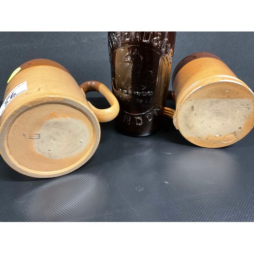2 LAMBETH DOULTON TANKARDS AND VINTAGE WHITBREAD BROWN GLASS BEER BOTTLE