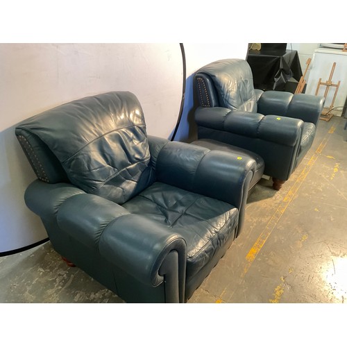 234 - PAIR BLUE LEATHER ARMCHAIRS AND MATCHING FOOT STOOL