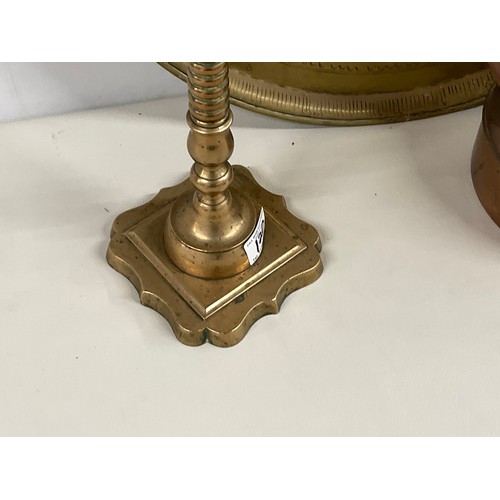 120 - LARGE INDIAN BRASS TRAY, COPPER KETTLE AND A SOLID BRONZE STAND