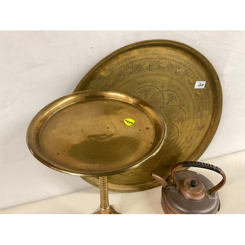 120 - LARGE INDIAN BRASS TRAY, COPPER KETTLE AND A SOLID BRONZE STAND