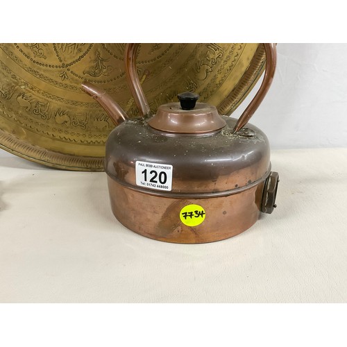 120 - LARGE INDIAN BRASS TRAY, COPPER KETTLE AND A SOLID BRONZE STAND