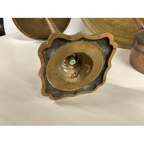 120 - LARGE INDIAN BRASS TRAY, COPPER KETTLE AND A SOLID BRONZE STAND