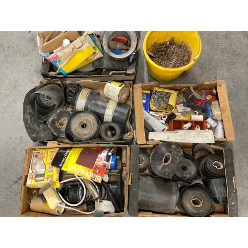 124 - 5 BOXES AND TUB OF HARDWARE & TOOLS, PLASTIC FLASHING ETC