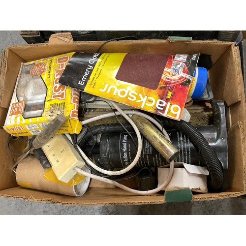 124 - 5 BOXES AND TUB OF HARDWARE & TOOLS, PLASTIC FLASHING ETC