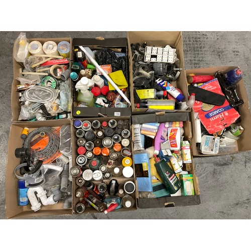 130 - 7 BOXES OF GARAGE & WORKSHOP SUNDRIES TO INCLUDE SPRAY PAINTS PLUMBING JOINTS ETC