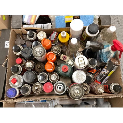 130 - 7 BOXES OF GARAGE & WORKSHOP SUNDRIES TO INCLUDE SPRAY PAINTS PLUMBING JOINTS ETC