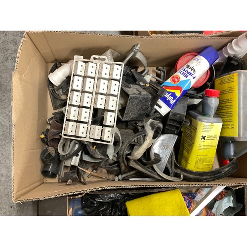 130 - 7 BOXES OF GARAGE & WORKSHOP SUNDRIES TO INCLUDE SPRAY PAINTS PLUMBING JOINTS ETC