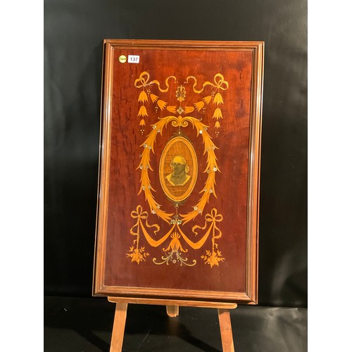 137 - EDWARDIAN MAHOGANY INLAID AND PAINTED DECORATIVE PANEL MOTHER OF PEARL INLAY ETC 35