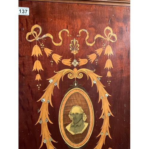 137 - EDWARDIAN MAHOGANY INLAID AND PAINTED DECORATIVE PANEL MOTHER OF PEARL INLAY ETC 35