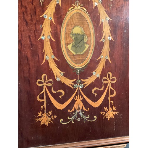 137 - EDWARDIAN MAHOGANY INLAID AND PAINTED DECORATIVE PANEL MOTHER OF PEARL INLAY ETC 35