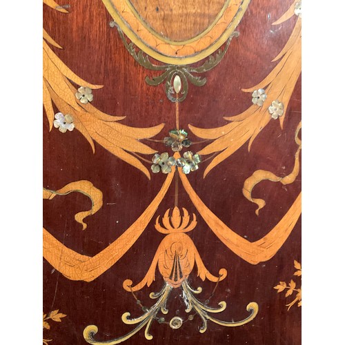 137 - EDWARDIAN MAHOGANY INLAID AND PAINTED DECORATIVE PANEL MOTHER OF PEARL INLAY ETC 35