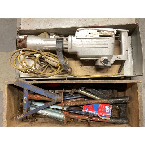 143 - CASED 110V SDS HAMMER DRILL AND WOODEN BOX OF VINTAGE TOOLS ETC