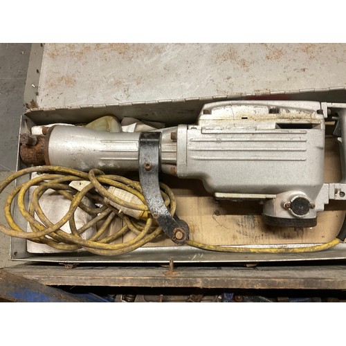 143 - CASED 110V SDS HAMMER DRILL AND WOODEN BOX OF VINTAGE TOOLS ETC
